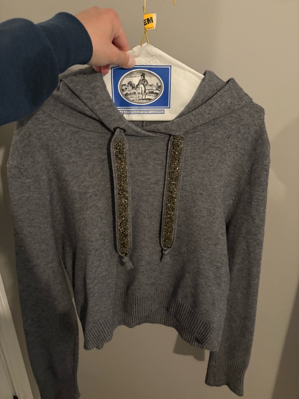 Zara Gray Hooded Sweater with Gold-Trim Drawstrings